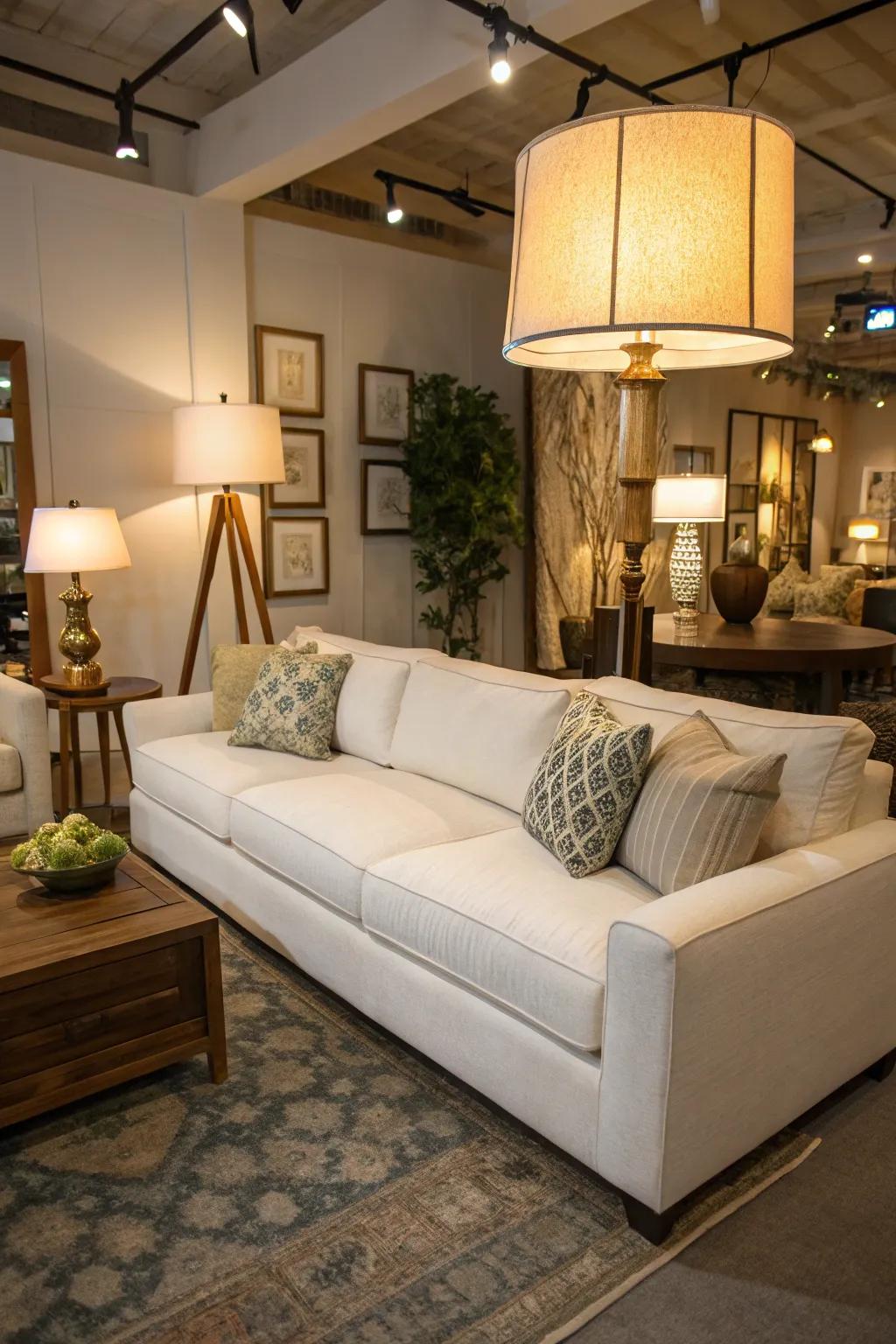 Layered illumination heightens ambiance in a living space featuring a creamy white sectional.