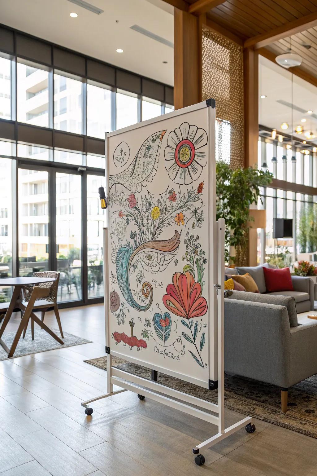 A mural on the whiteboard becomes a daring focal point.