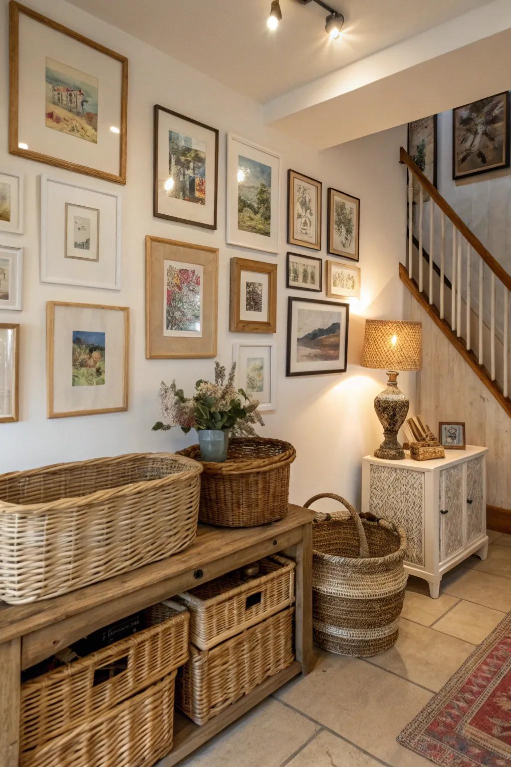 Integrate wicker into refined gallery arrangements.