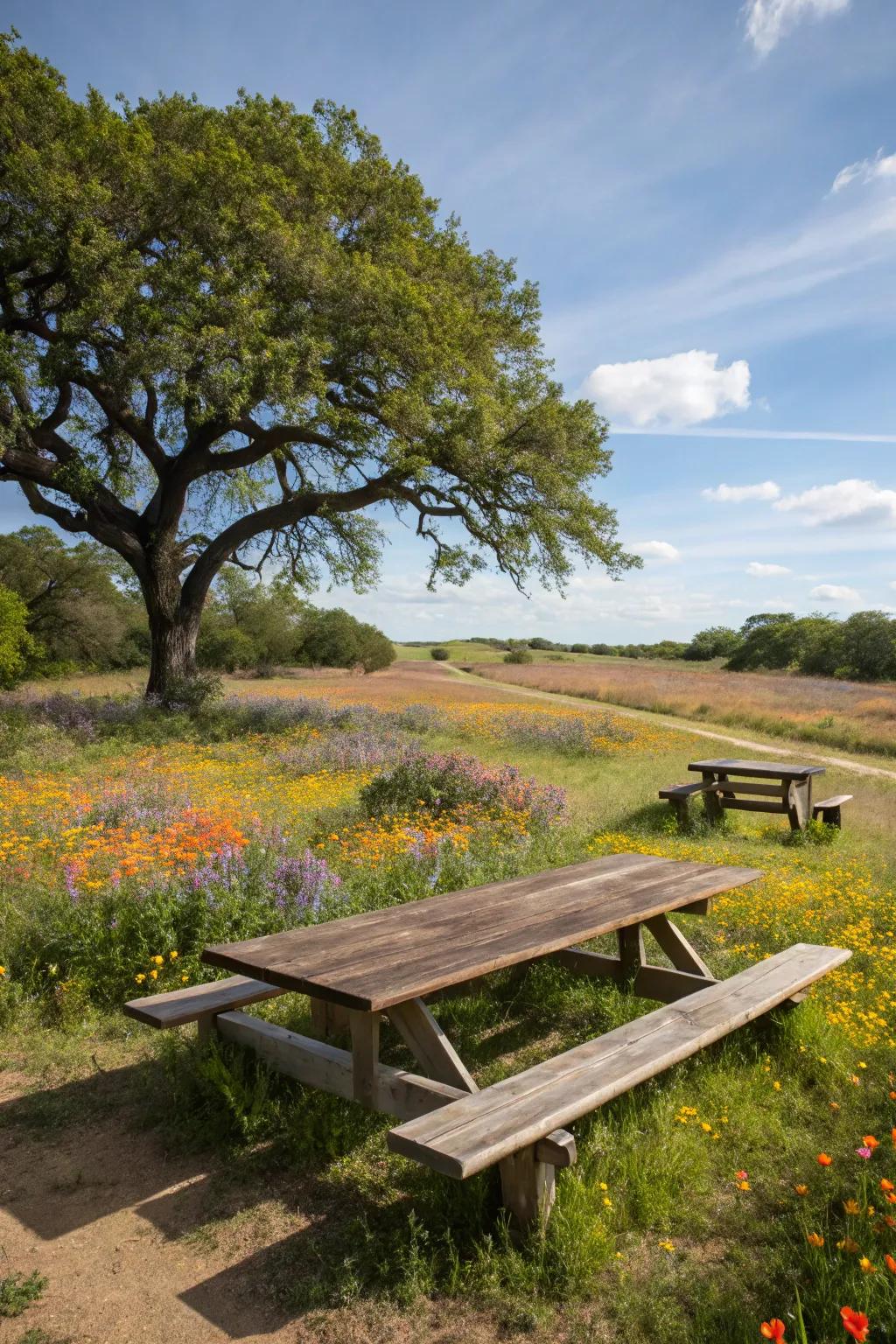 A dreamy picnic spot nestled within a wildflower paradise.