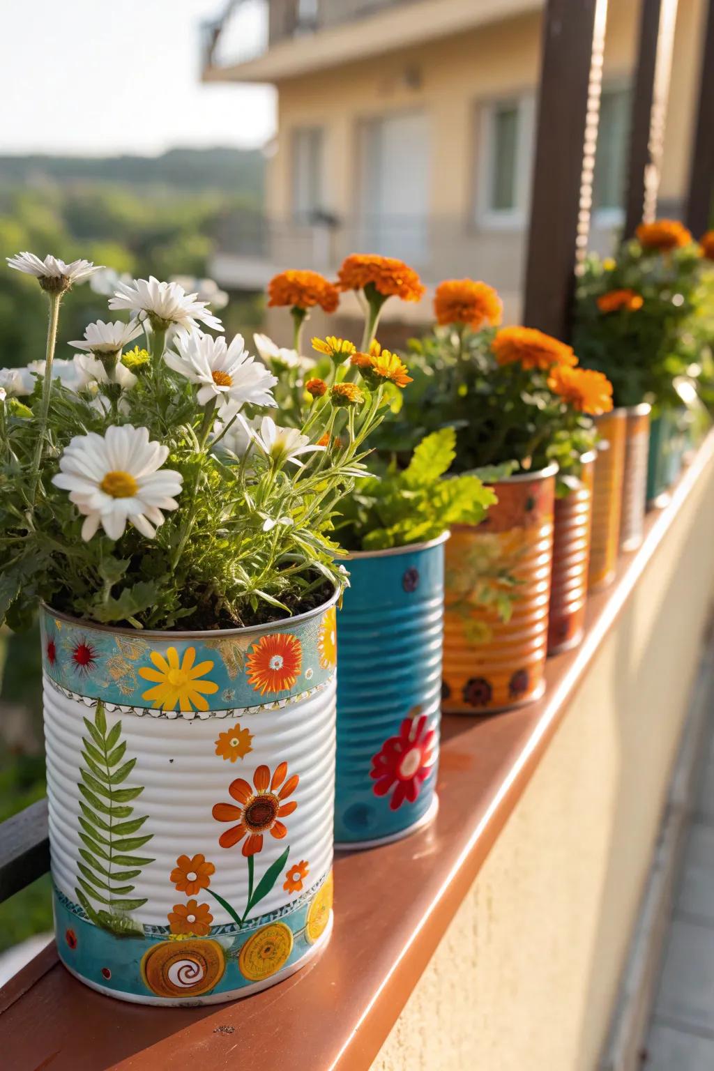 Upcycled tin containers function as budget-friendly vases for wildflowers.