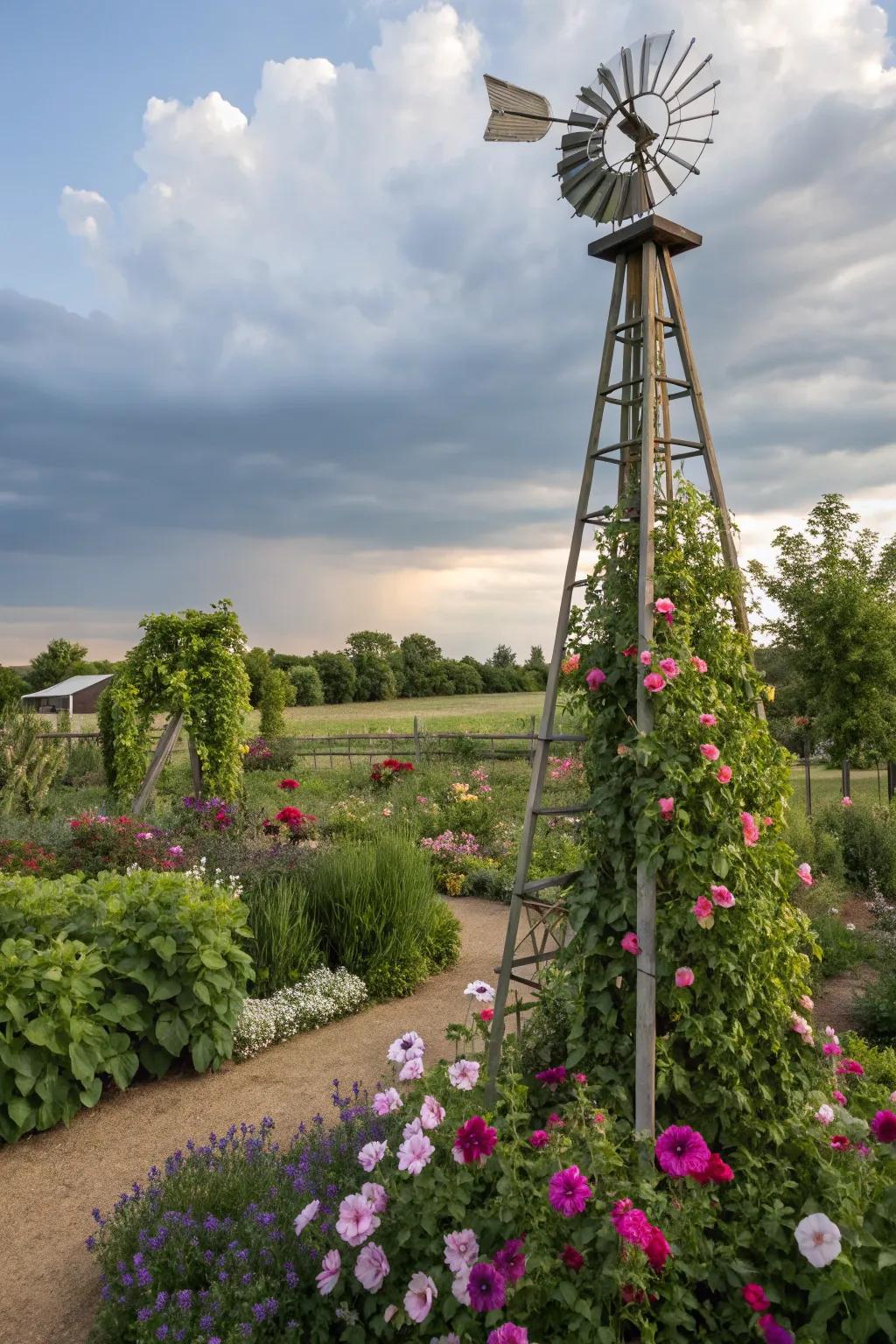 A pinwheel trellis functions as both a functional and ornamental garden piece.