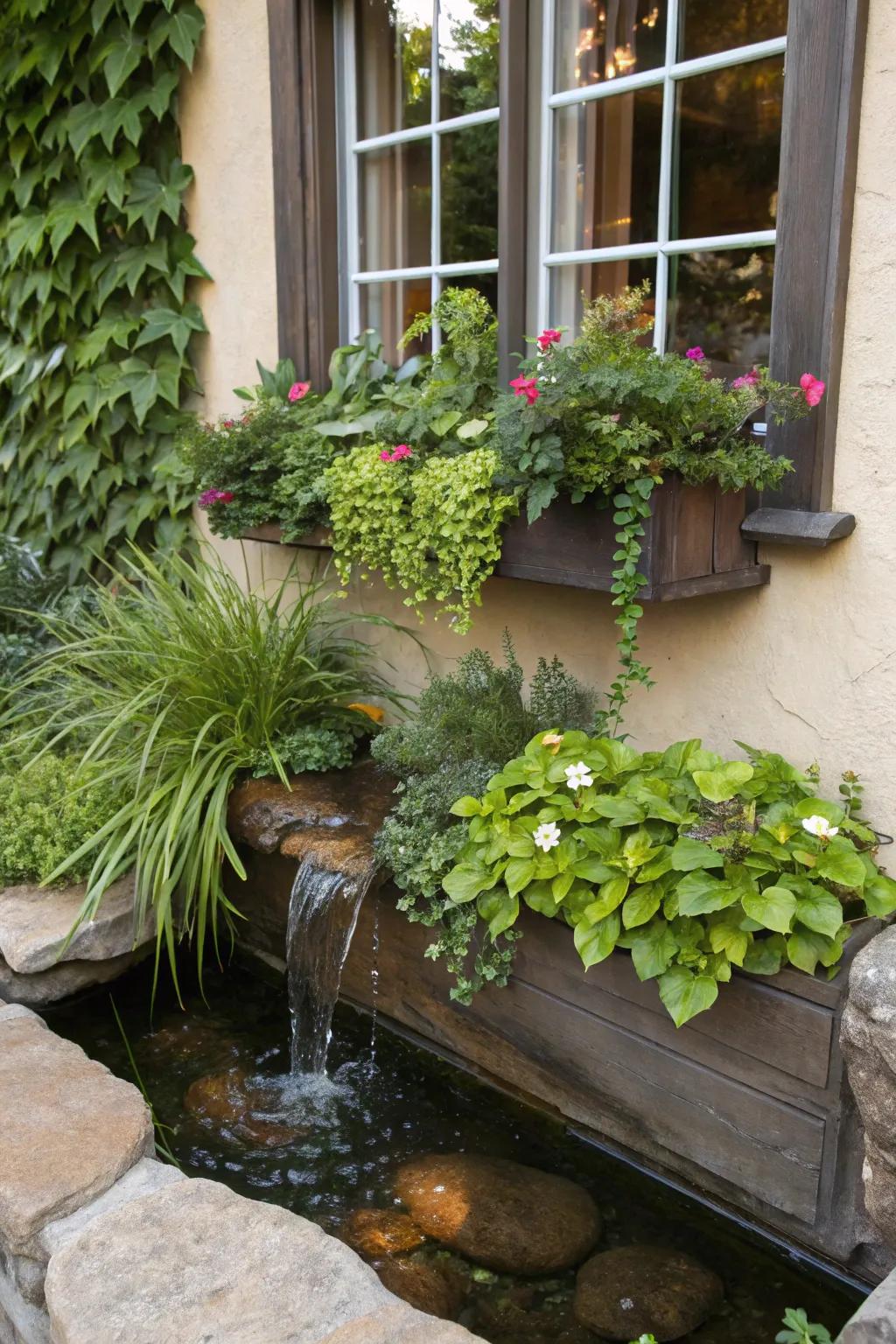 Evoking an aquatic allure through the incorporation of a miniature water element in a window box setting