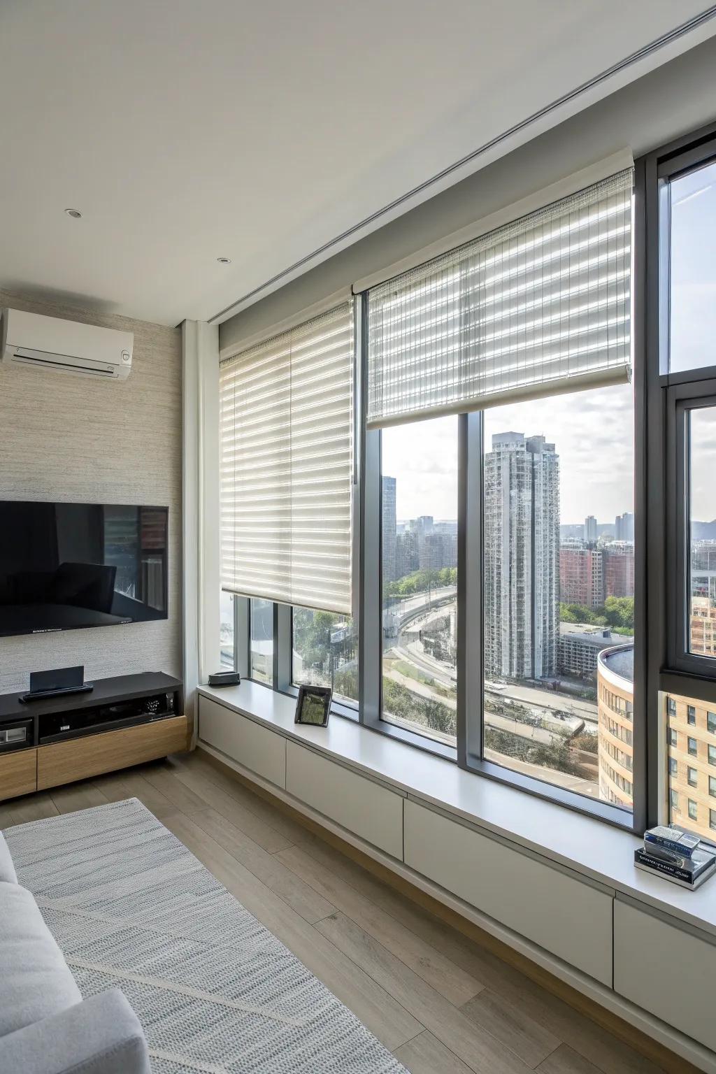 Automated shades offer modern convenience.