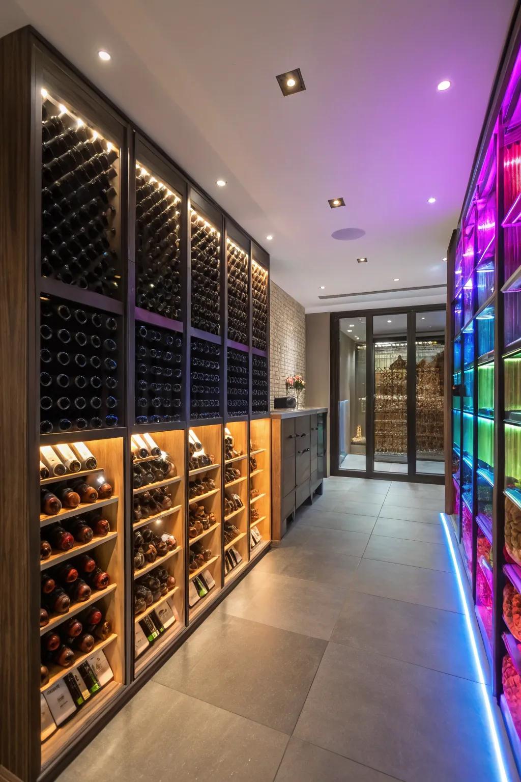 Hue-shifting LEDs introducing a dynamic mood to the wine room.