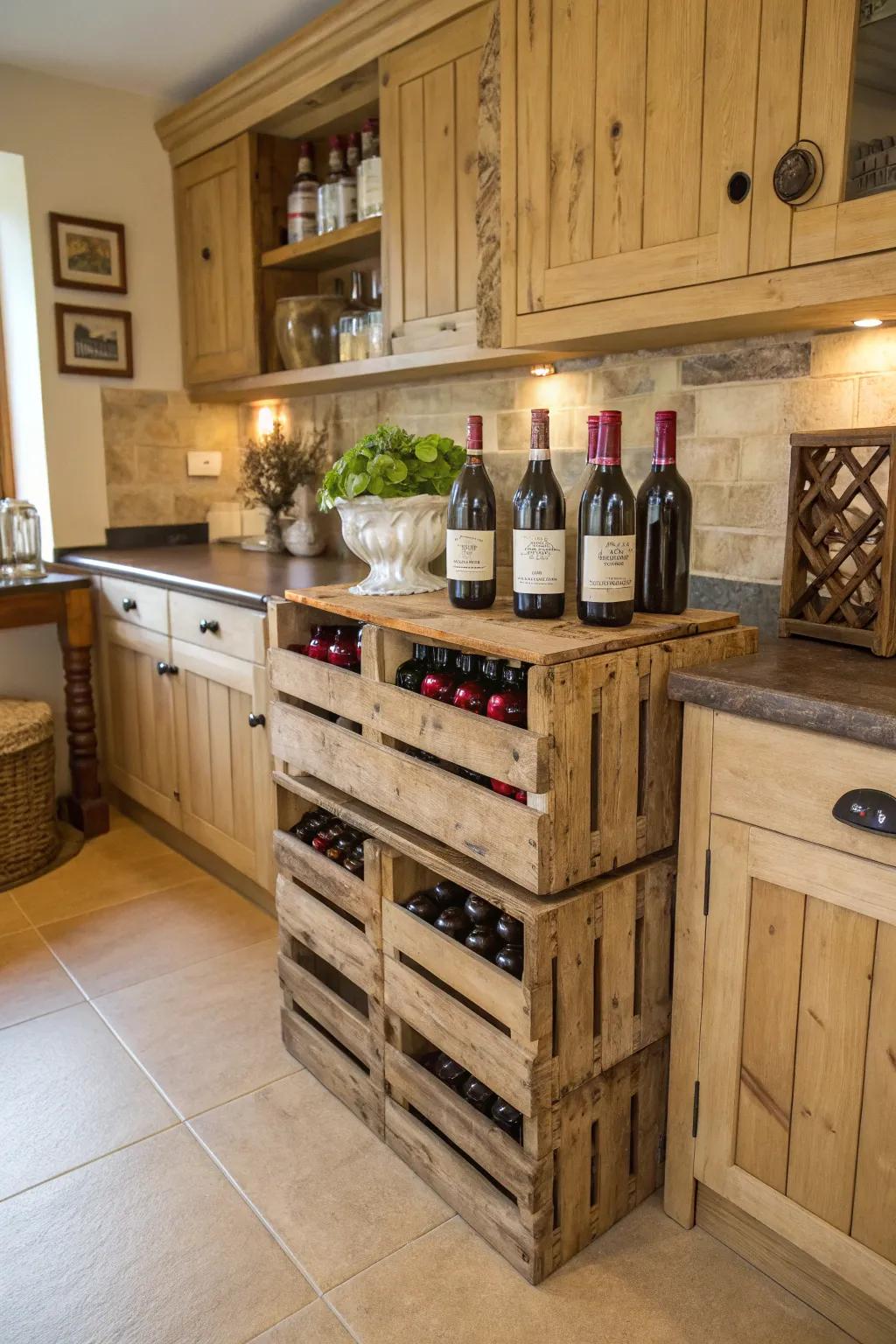 Country crates bring a hint of farmhouse flair to wine holding.