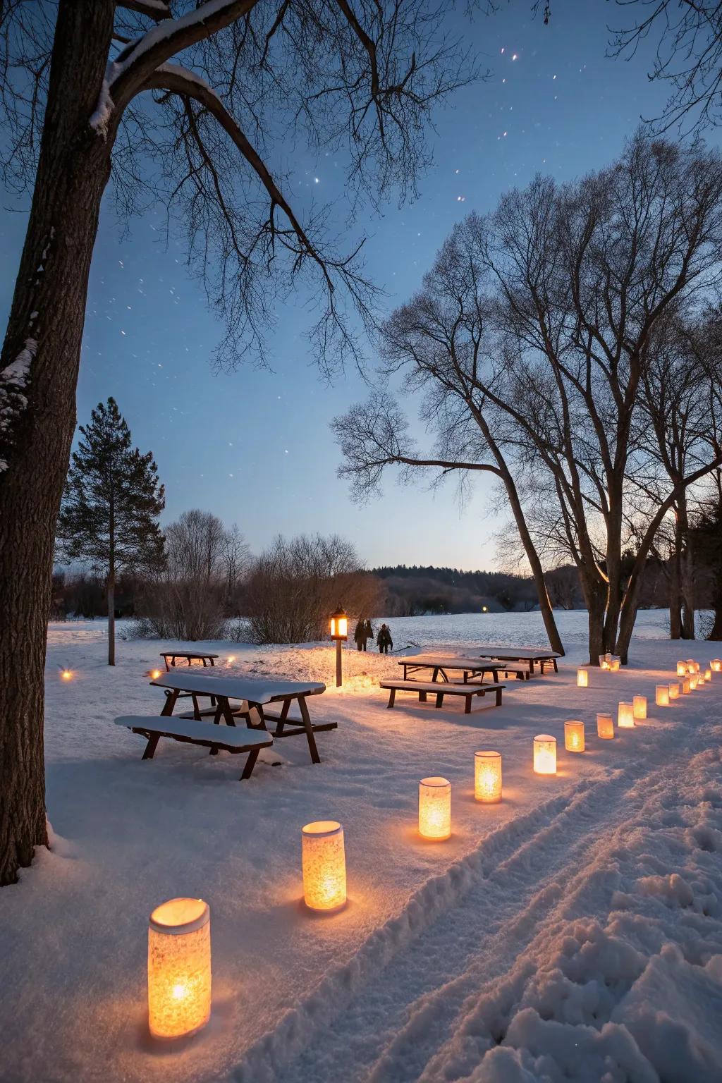 Snow lanterns add a magical touch.