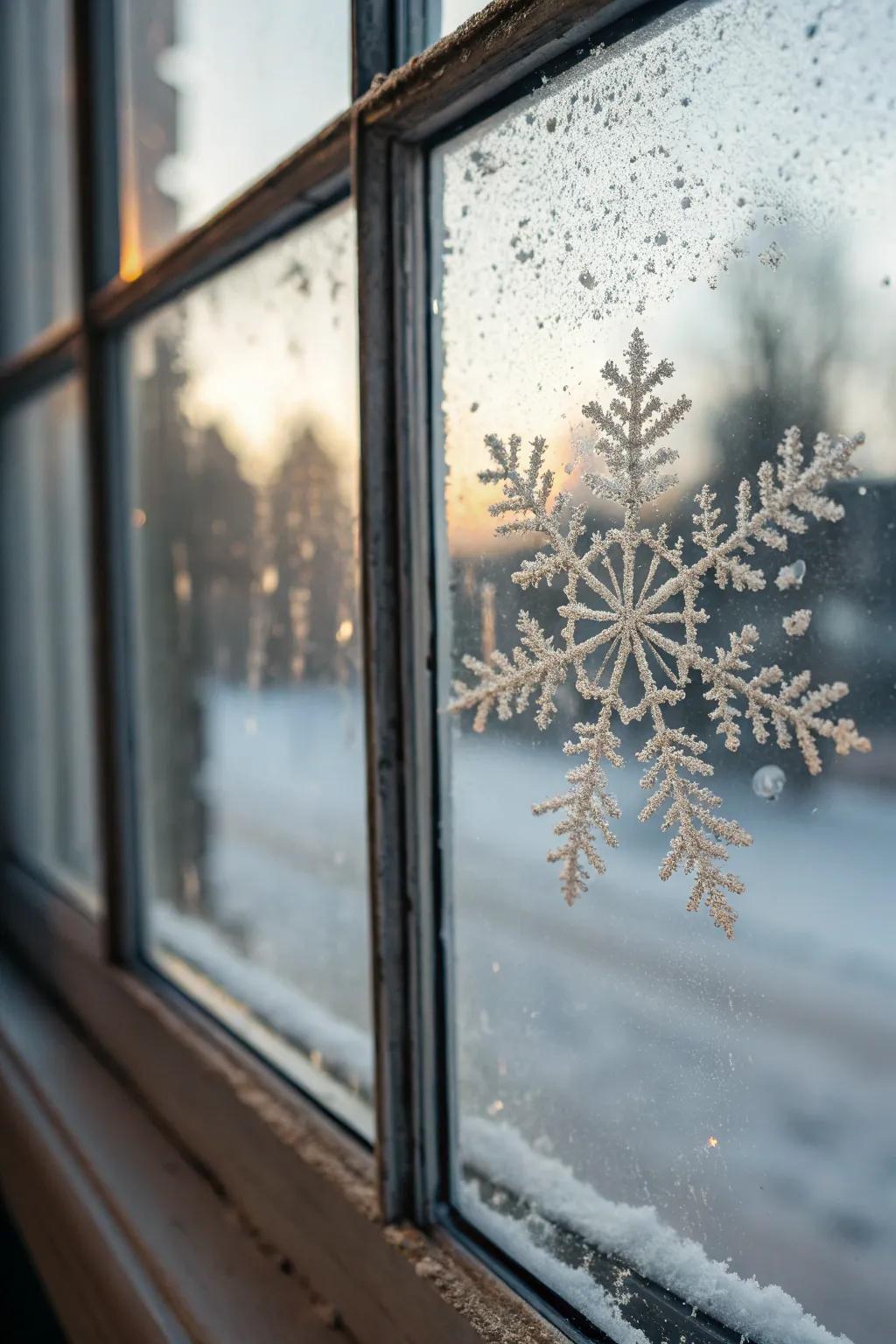 Snowflake window stickers add a frosty touch to windows.