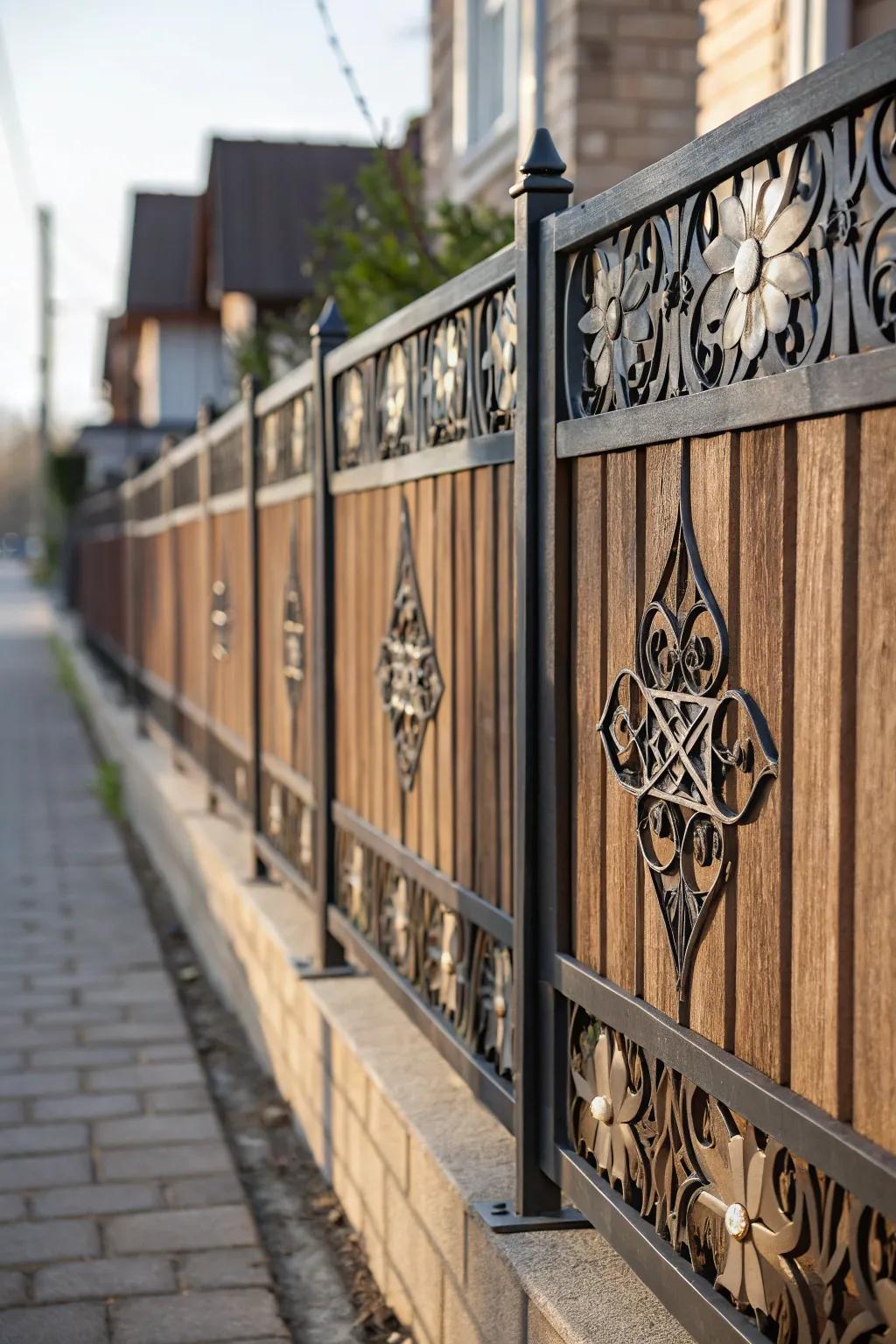 A personalized fence exhibiting elaborate steel inserts and lumber boards.