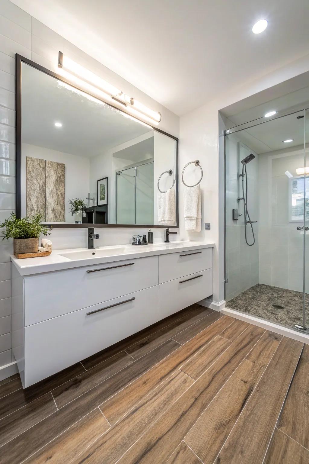 Bathroom featuring groundbreaking wood-look tile flooring.