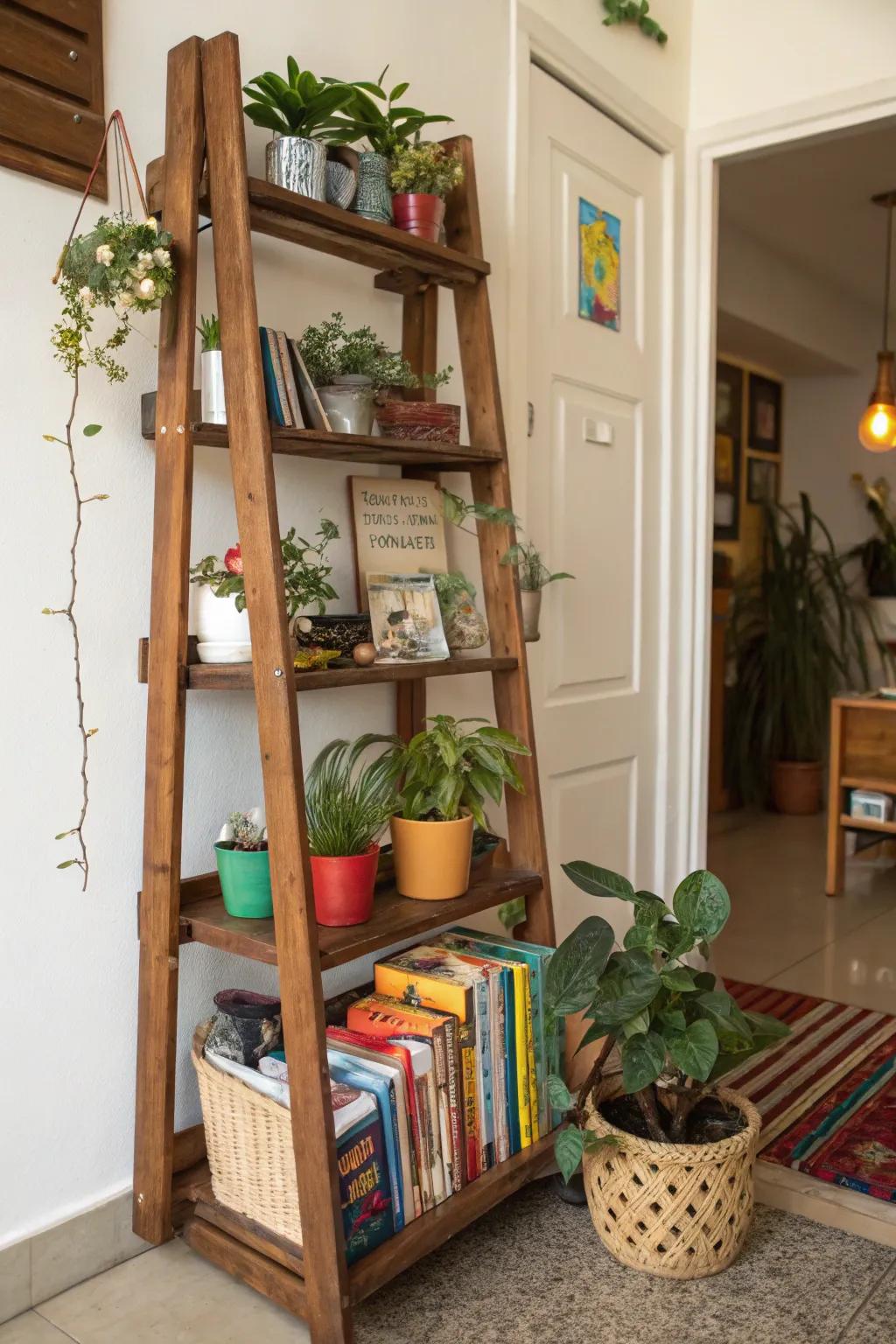 Rustic wooden ladder shelf as a stylish storage solution