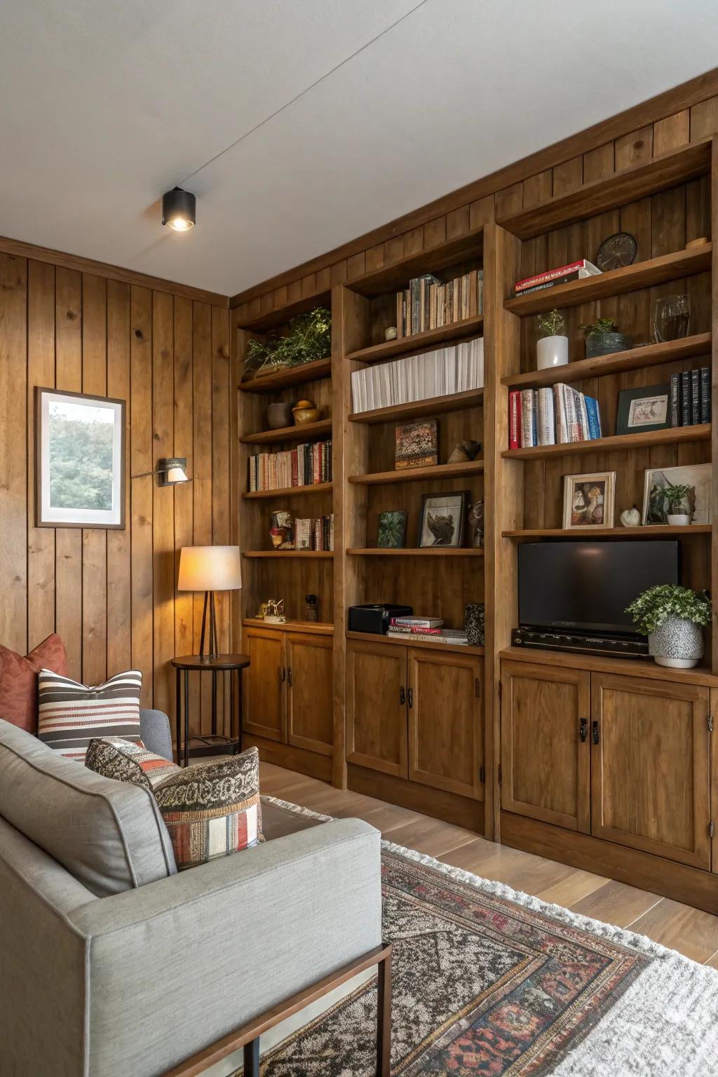 Integrated shelving with wood panels combines aesthetics with ultimate functionality.