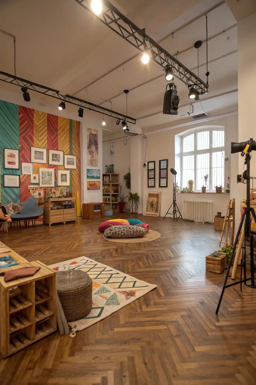 A creative studio showcasing a bespoke wood design floor that reflects personal style.