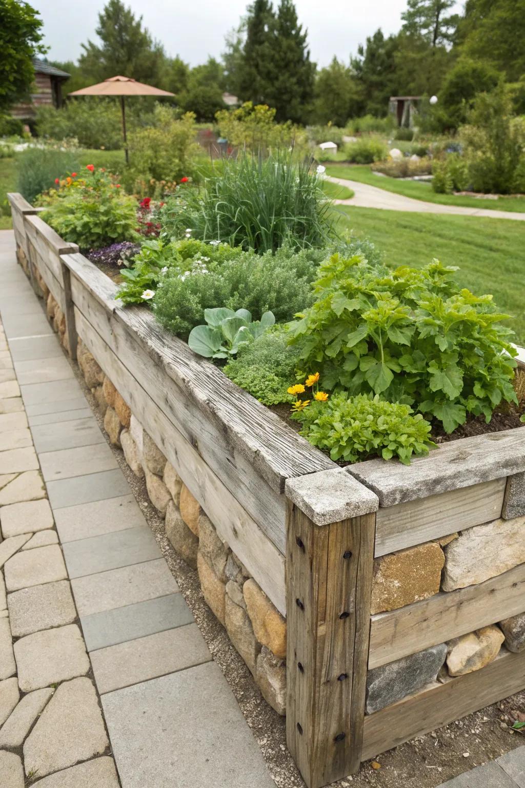 Stone and wood together create striking garden beds.