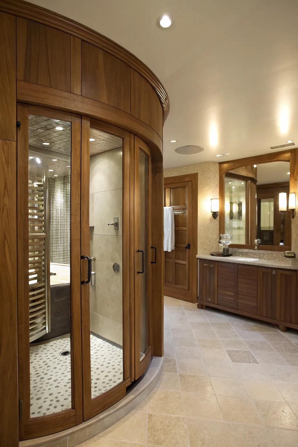 Curved timber entrances lend a gentle and elegant touch to every bathroom.