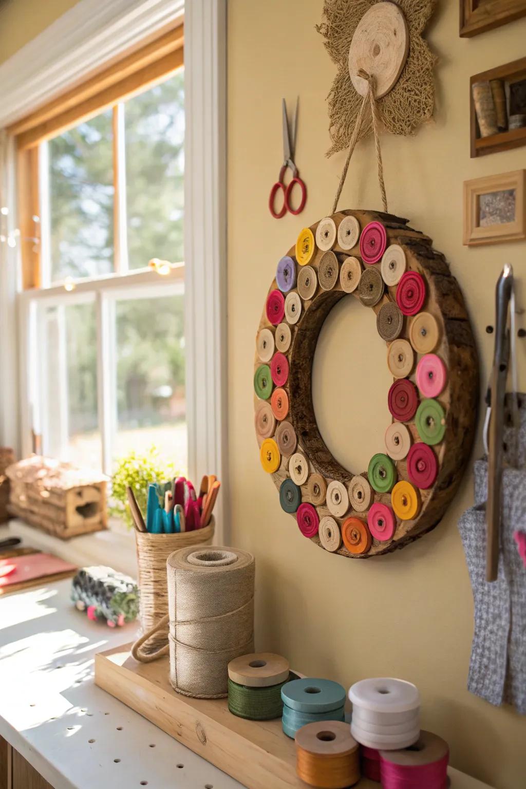 Wreath adorned with Button Embellishments grants a spirited accent.