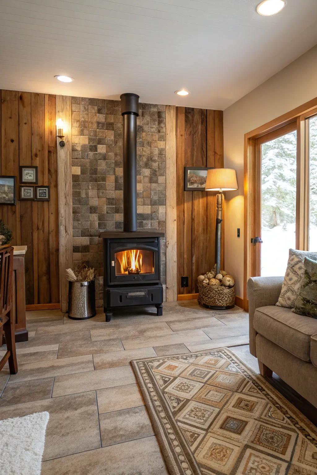 Wood-effect tiles offer a cozy and inviting look for your wood burner surround.