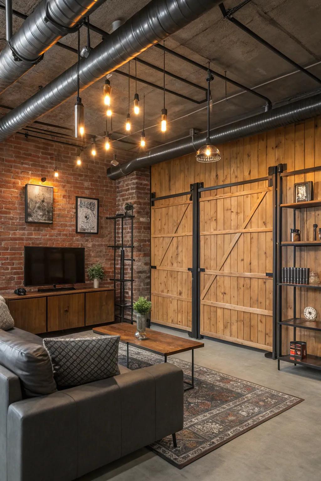 A living room mixing wood panels with factory parts.