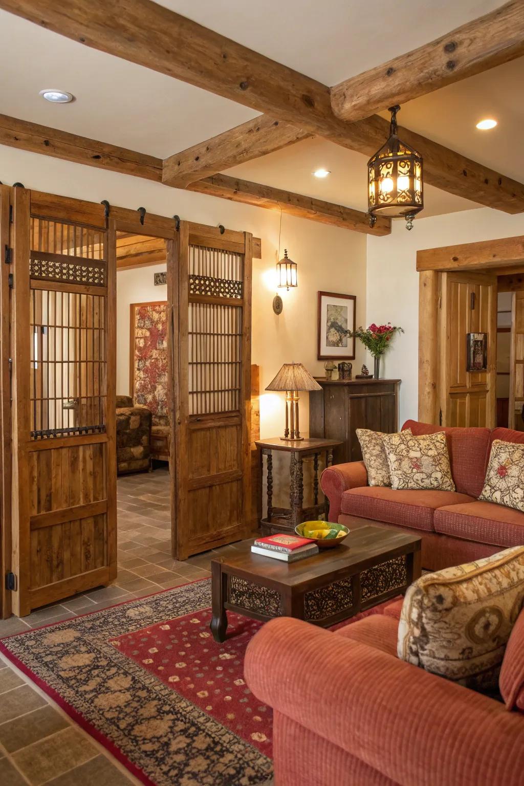 Rustic charm is brought to life with this beautifully textured timber partition.