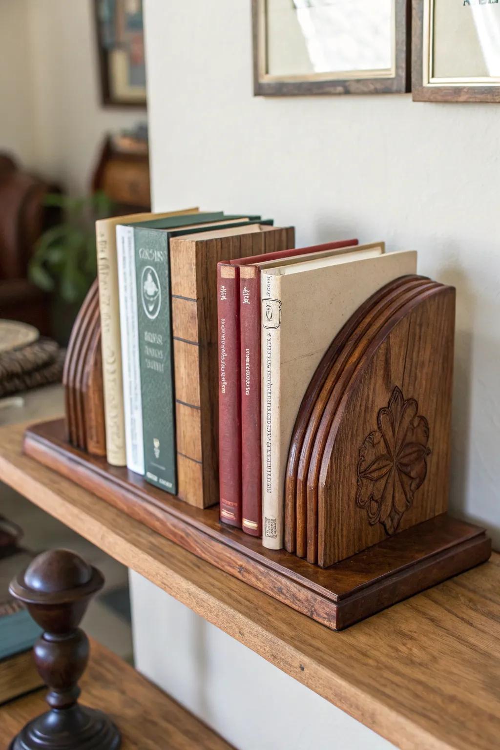 Timber bookends that introduce a personal touch to a book compilation.