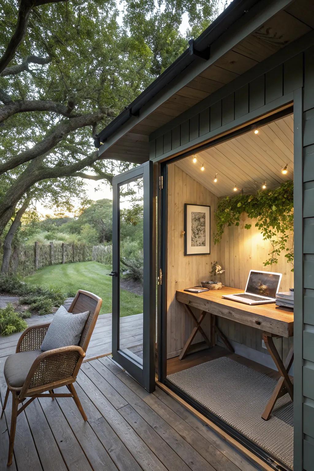 A writing shed effortlessly branching into an outdoor office.