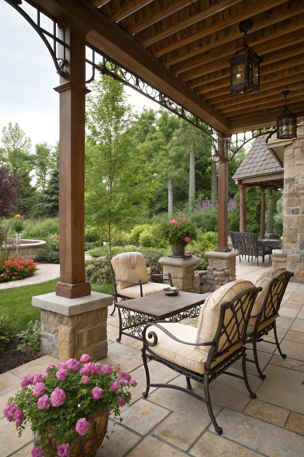 An assorted fusion of materials elevates the patio's style.