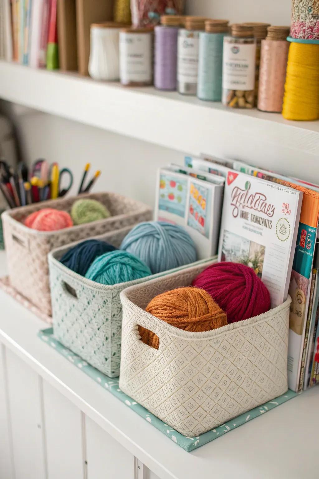 Publications holders keep yarn arranged and upright on shelves.