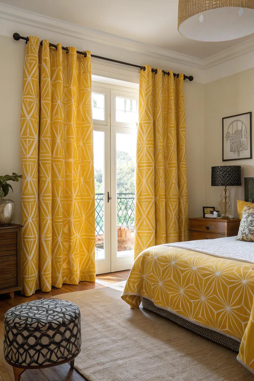 Art Deco-inspired gold curtains bring chic sophistication to the bedroom.