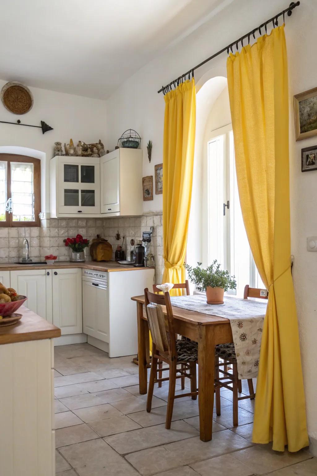 Yellow curtains add a touch of warmth to this kitchen.