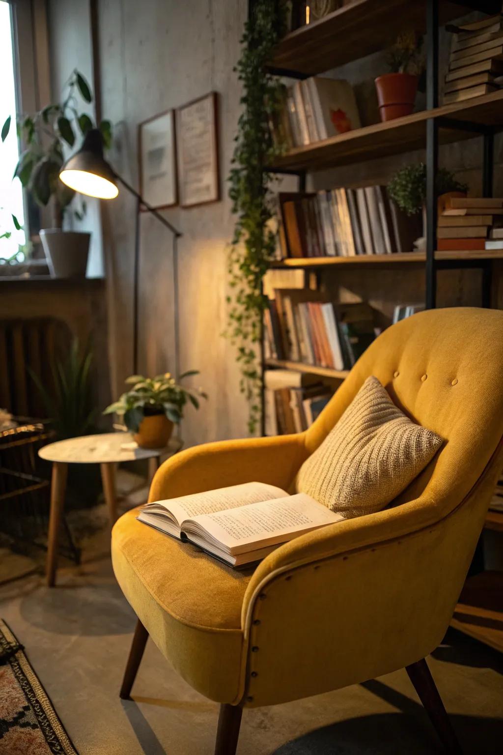 A cozy reading nook enhanced with a vintage piece.