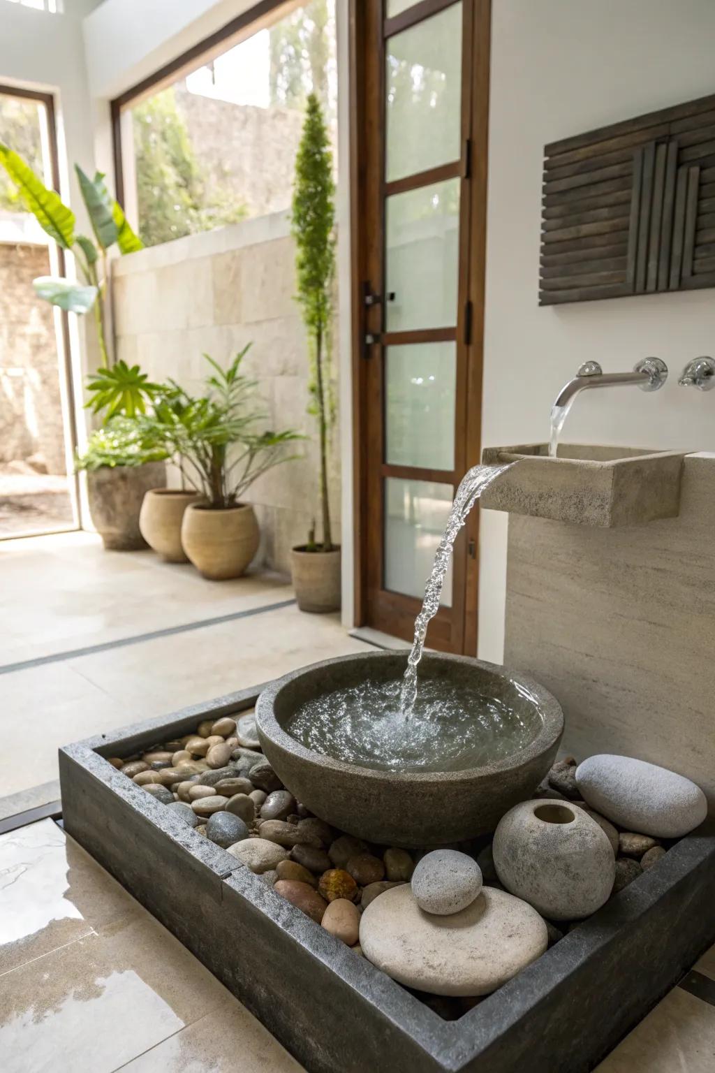 A water feature makes soothing sounds in a zen bathroom.