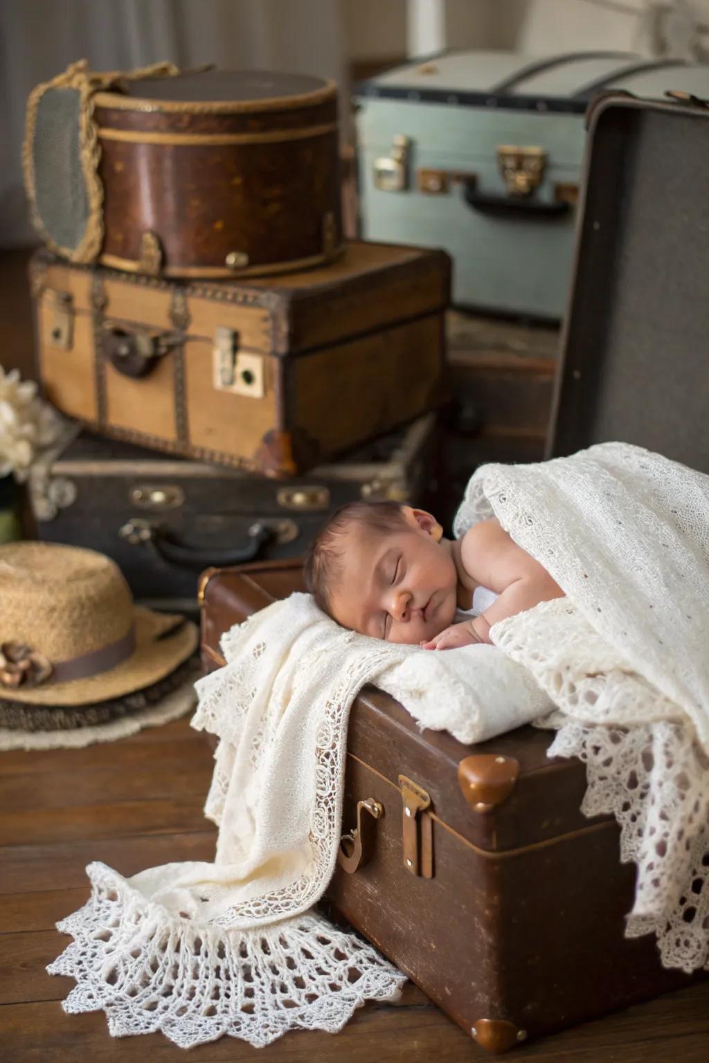 Vintage items contribute depth and nostalgic appeal to baby images.