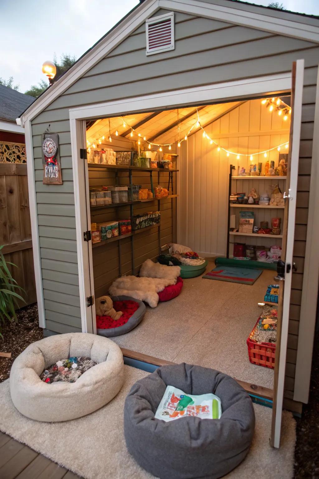 A pet corner with comfy beds and toys for your furry friends.