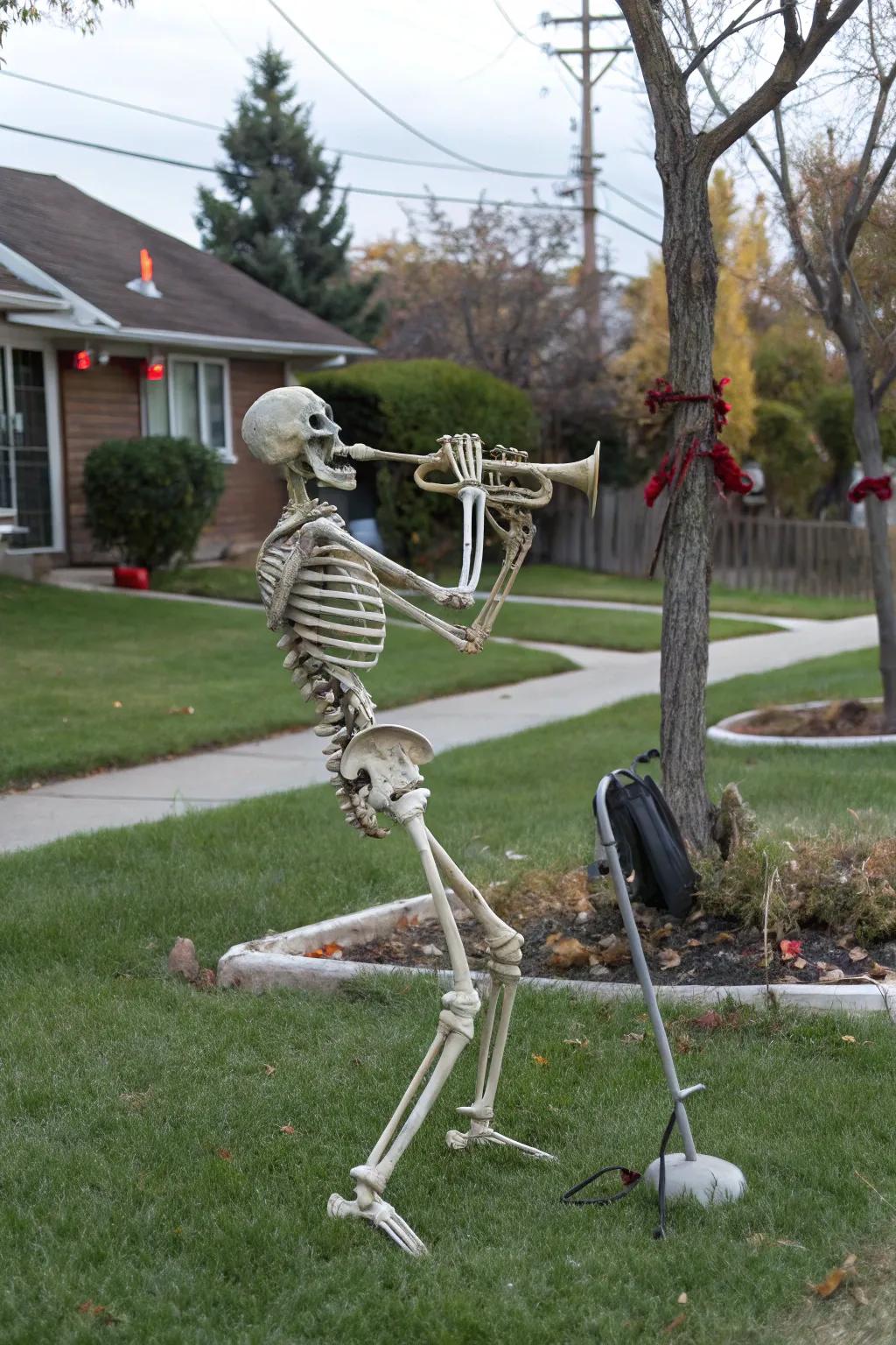 A sound-making skeleton adds rhythm to the Halloween scene.