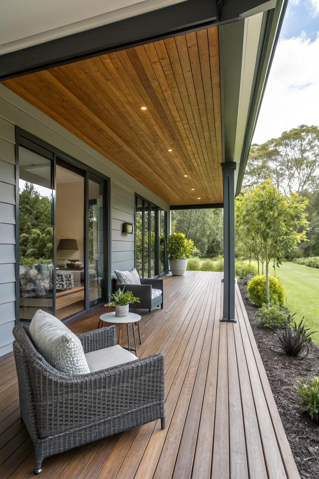 Sustainable materials introduce an eco-conscious touch to a modern porch.