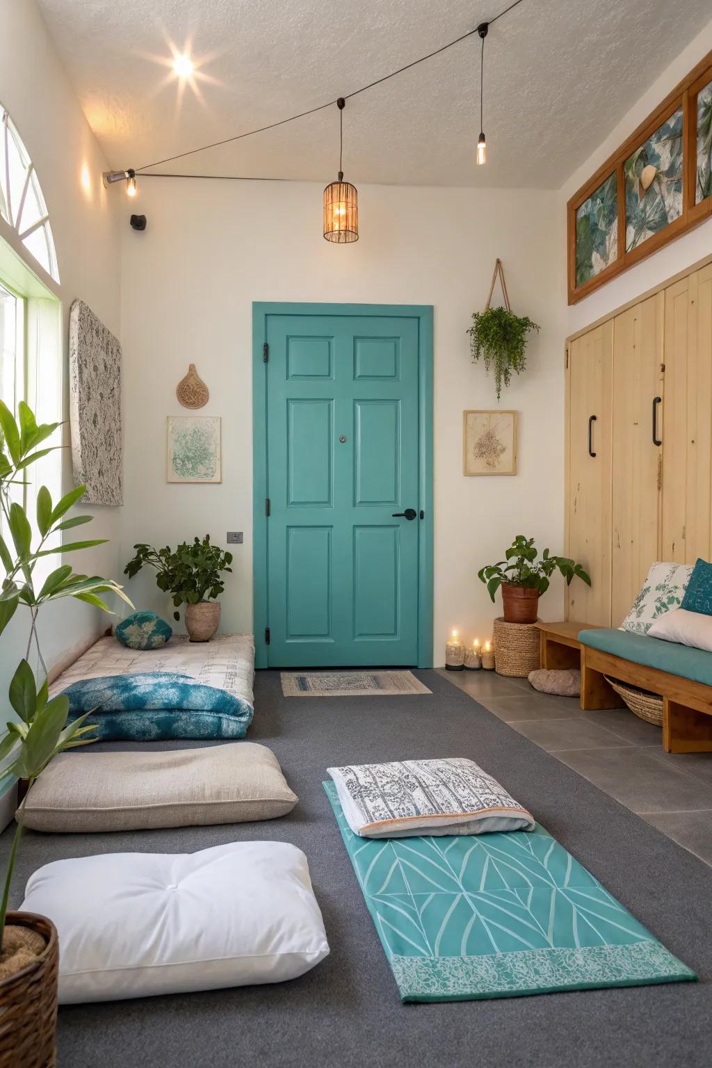 A water hues entryway introduces tranquility to this tranquil contemplation space.