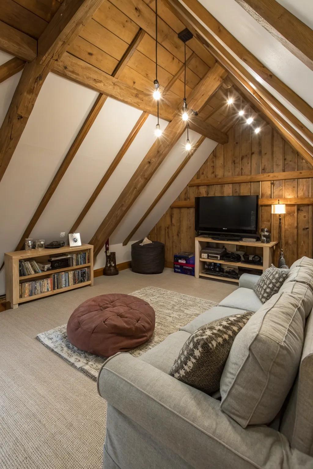 Establish a cozy entertainment zone for cinematic evenings within your attic.