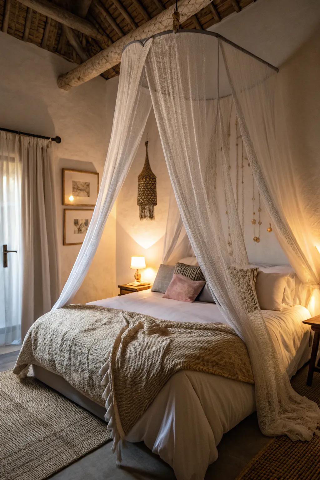 The bedroom is given a whimsical touch by a fabric canopy.