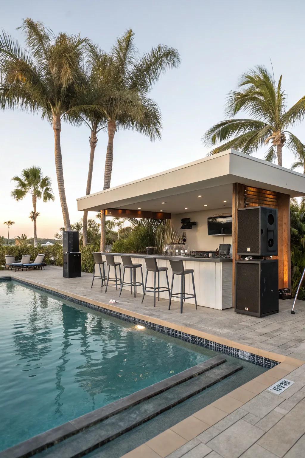 An audio setup enhances the level of entertainment offered by your poolside bar.