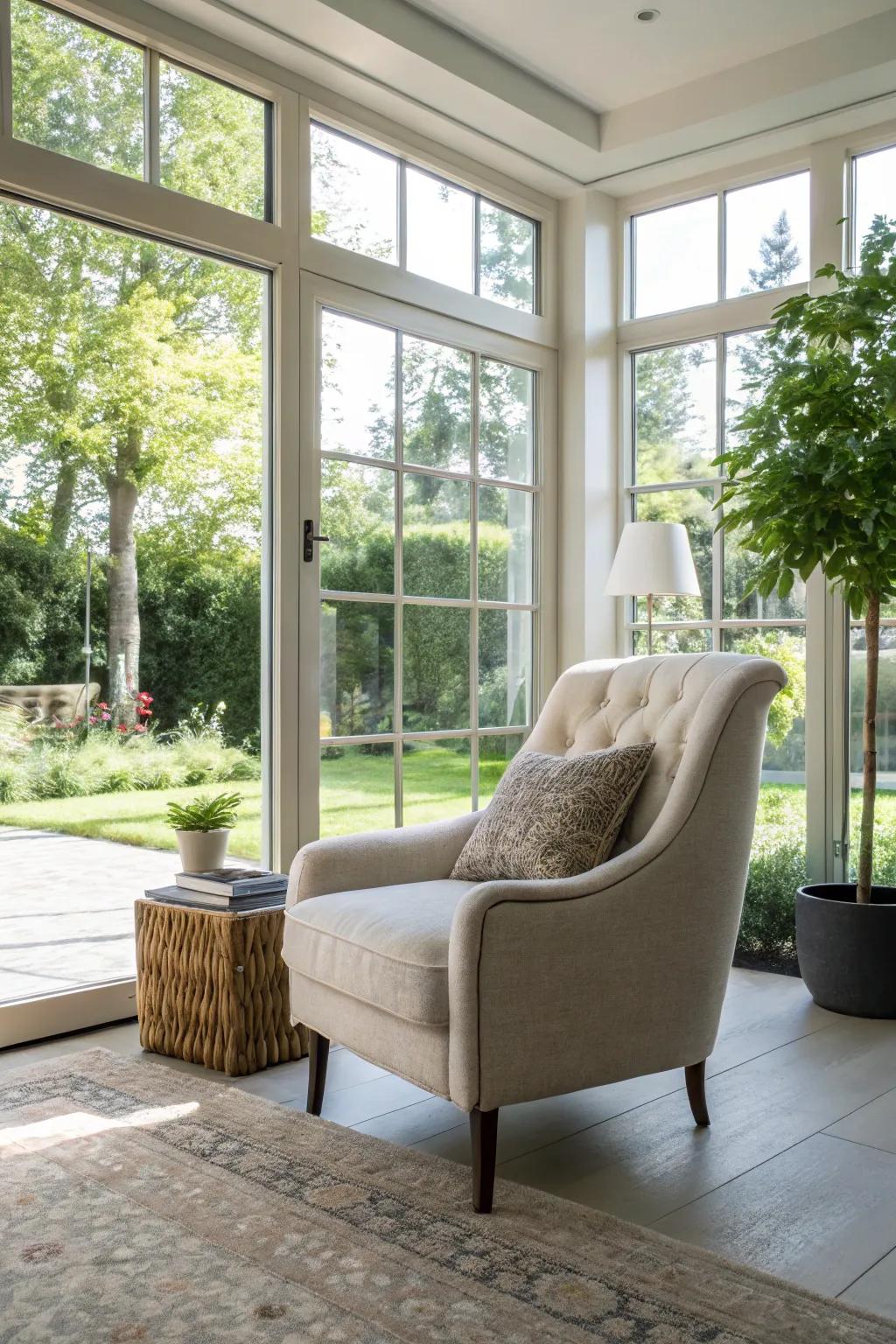 An accent chair by the window blends indoor and outdoor spaces seamlessly.