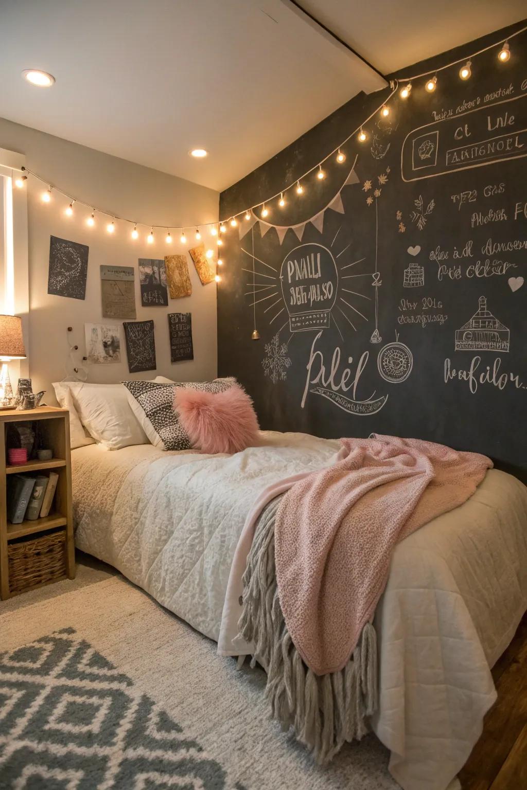 Chalkboard paint on the accent wall transforms the bedroom into a creative space.