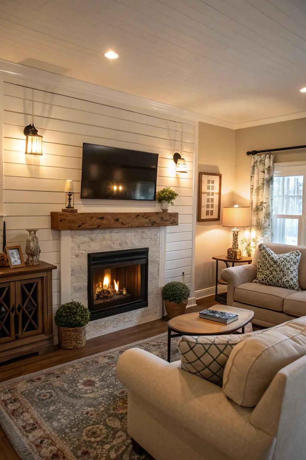 Shiplap enhances a charming farmhouse atmosphere.
