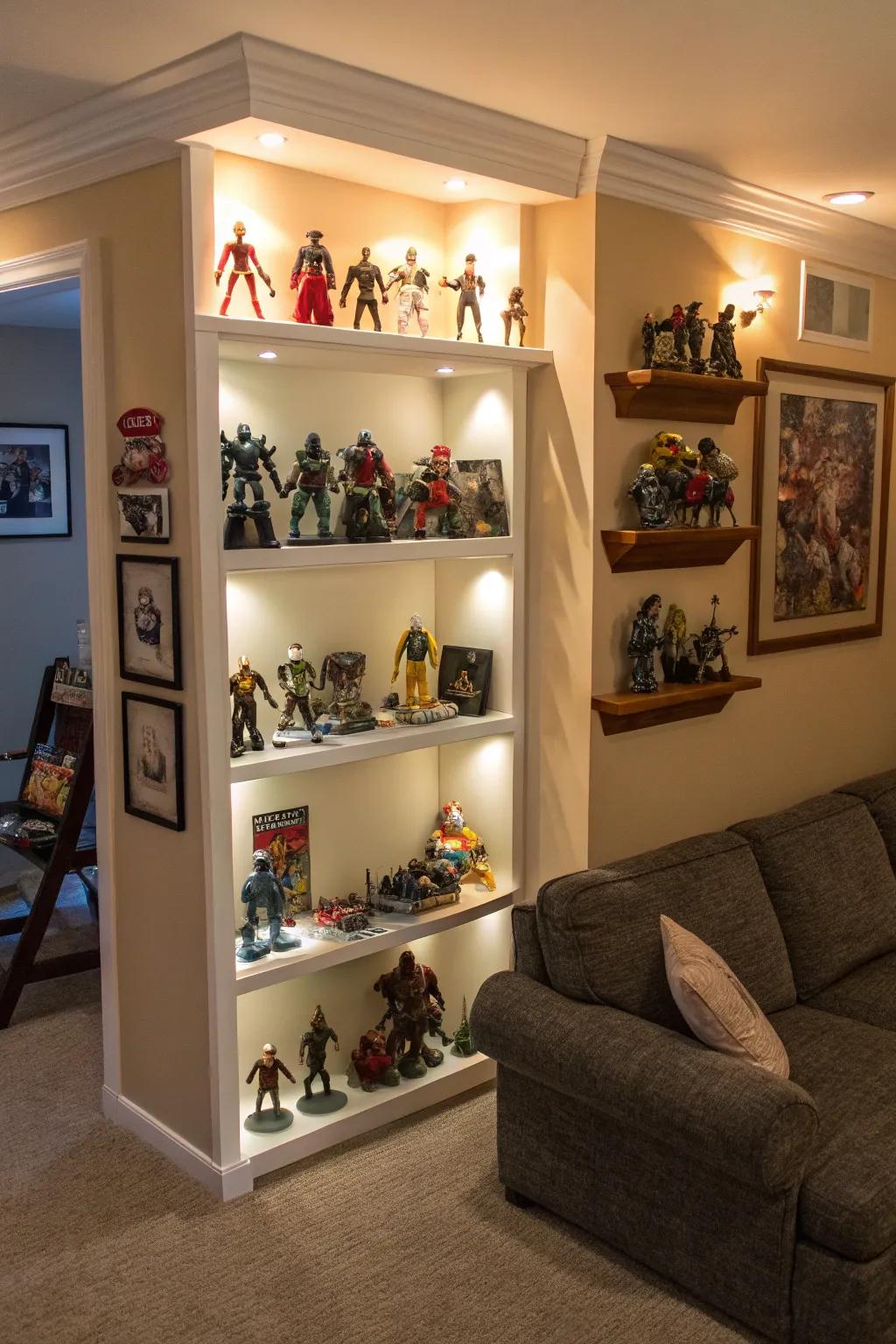 Corner shelves transform unused spaces into charming display nooks.