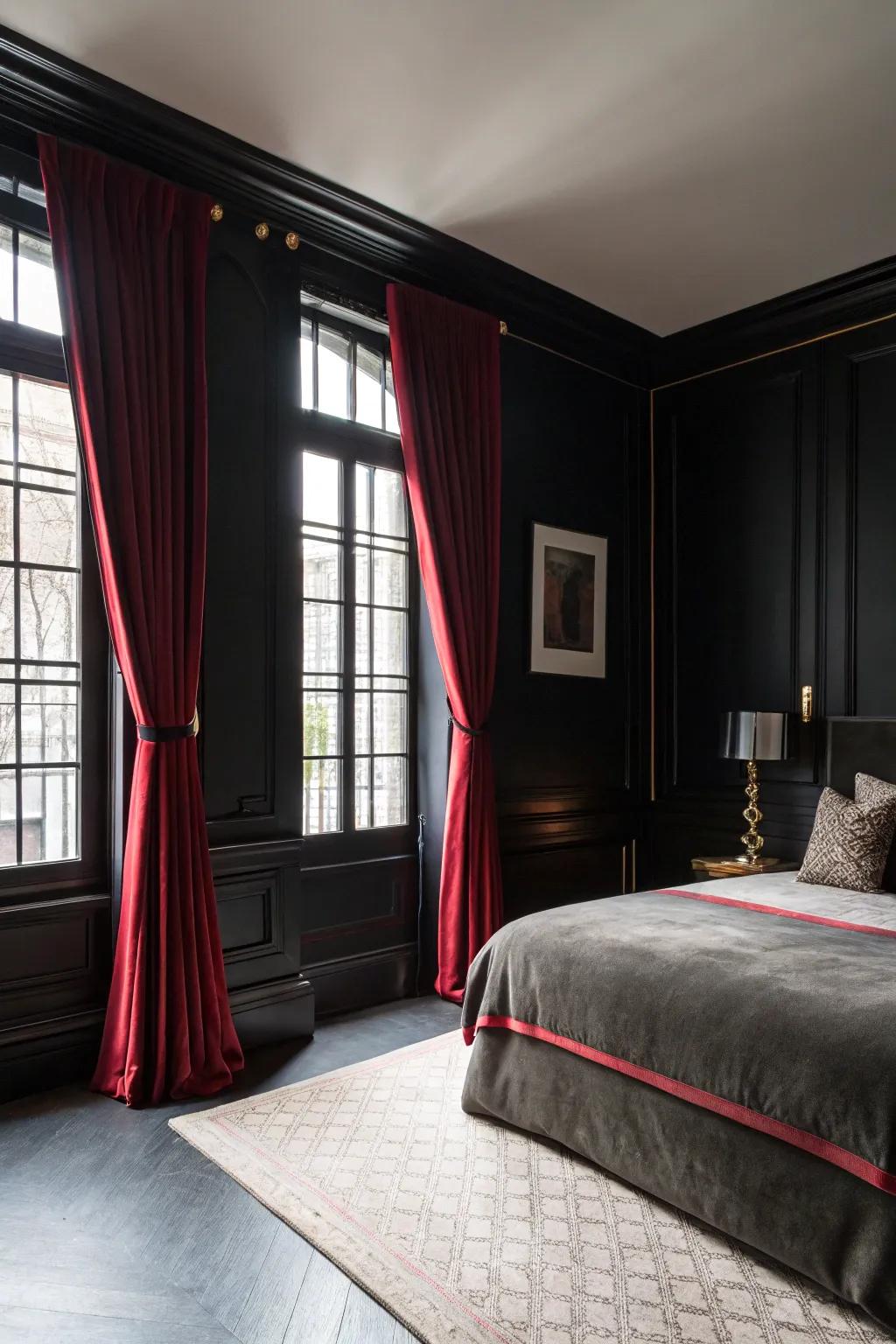 A charcoal boudoir exhibiting audacious tapestries framing the windows.