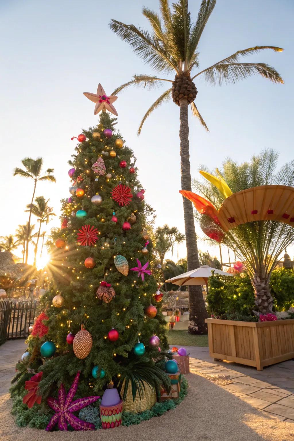 A Christmas tree inspired by tropical themes, embellished with vibrant and exotic ornaments.