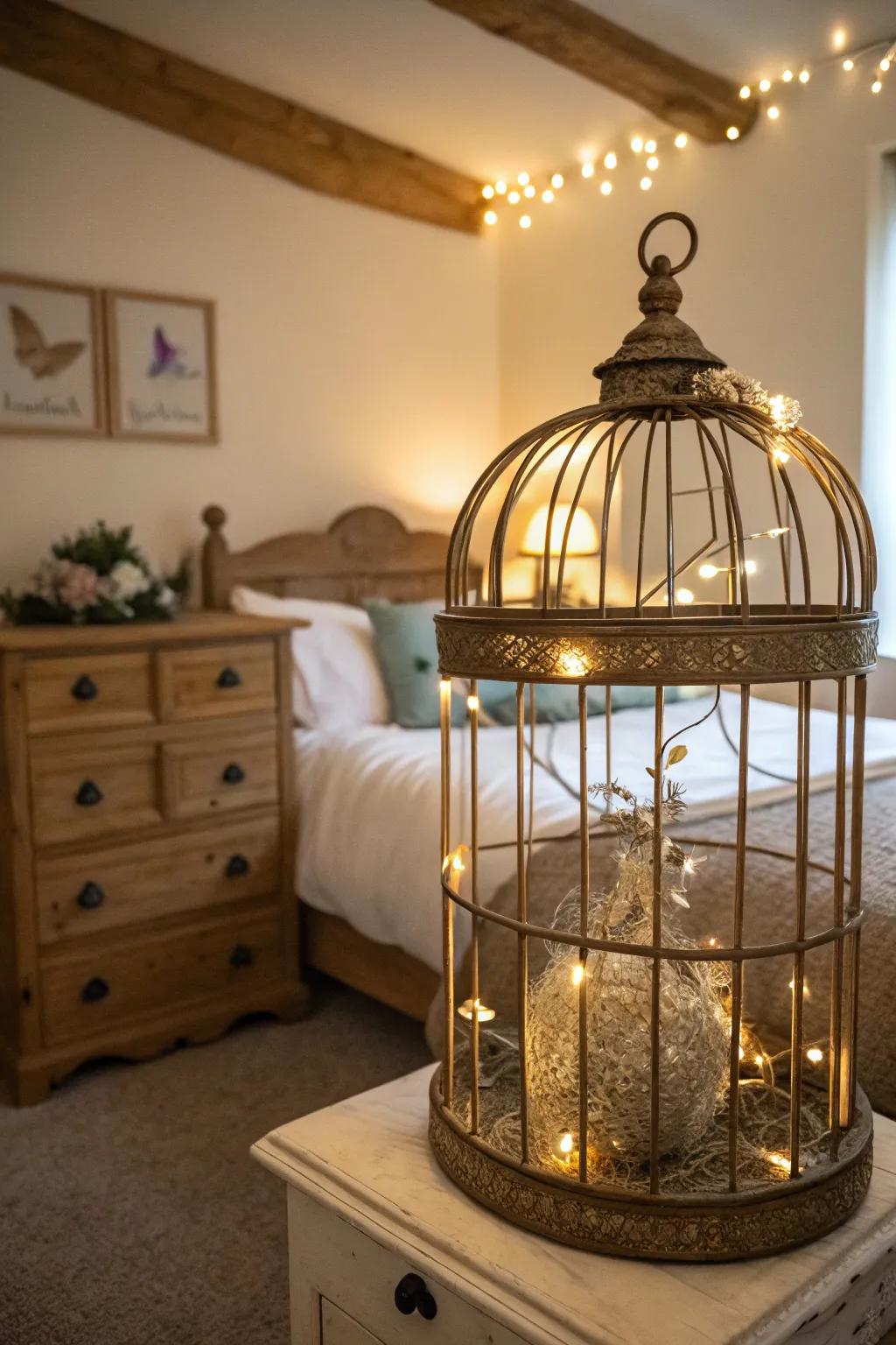 Repurpose decor with a charming birdcage filled with light.