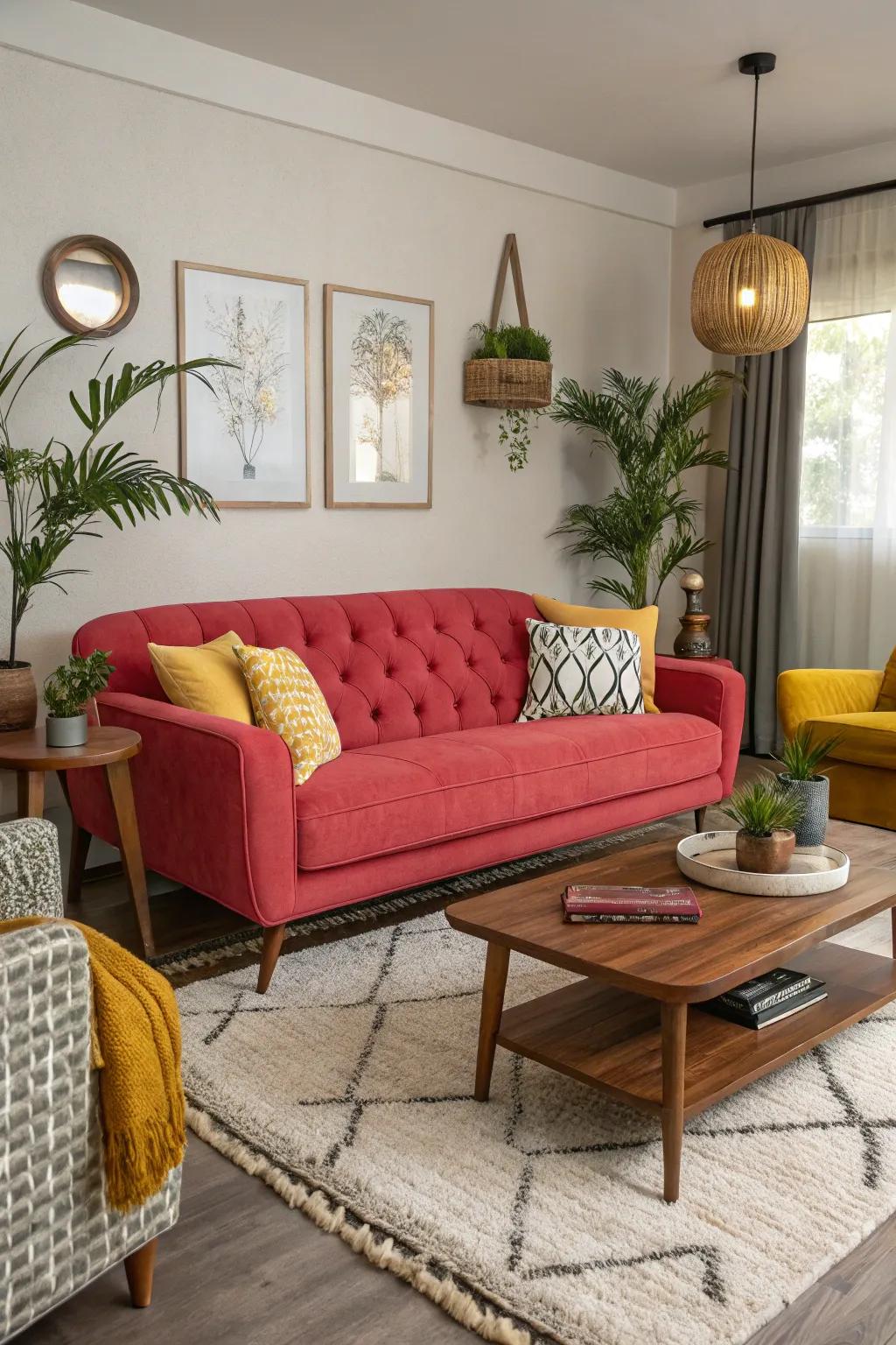 A living space defined by a bold statement sofa.