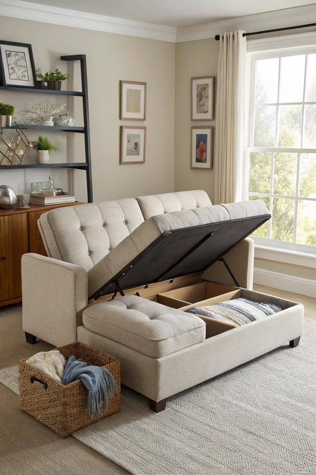 Multifaceted furnishings maximize area efficiency.