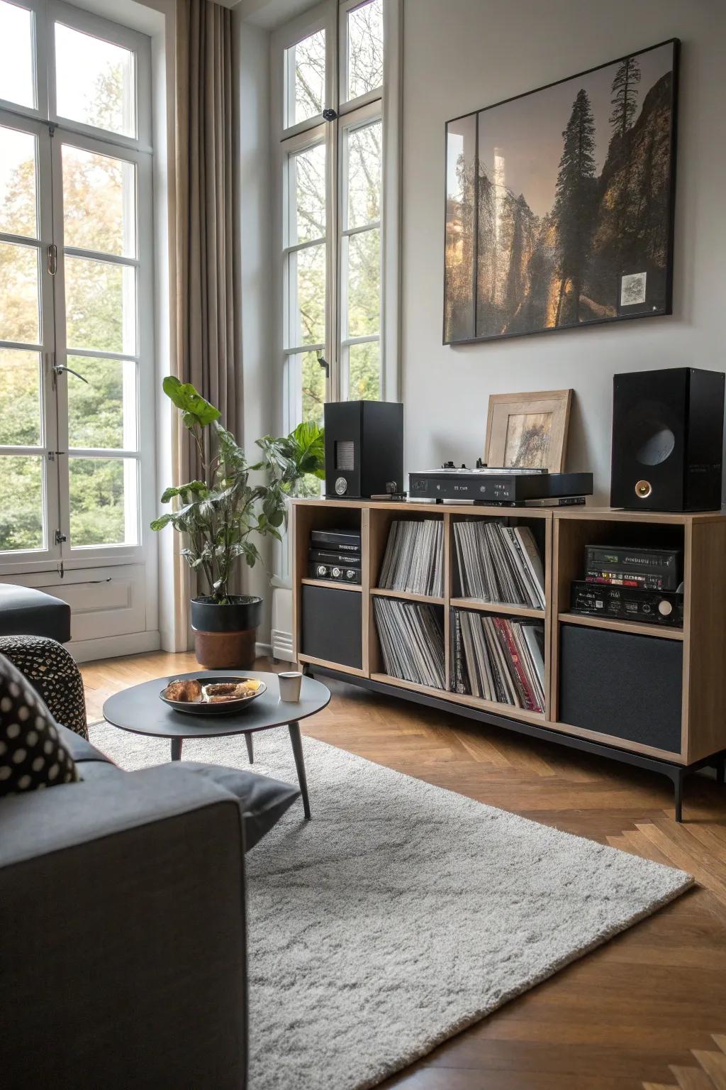 A customizable storage system delivering flexibility and style for vinyl record storage.