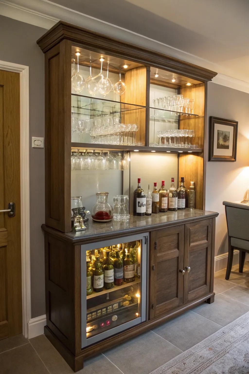 An upcycled wardrobe creatively transformed into a bespoke liquor bar.